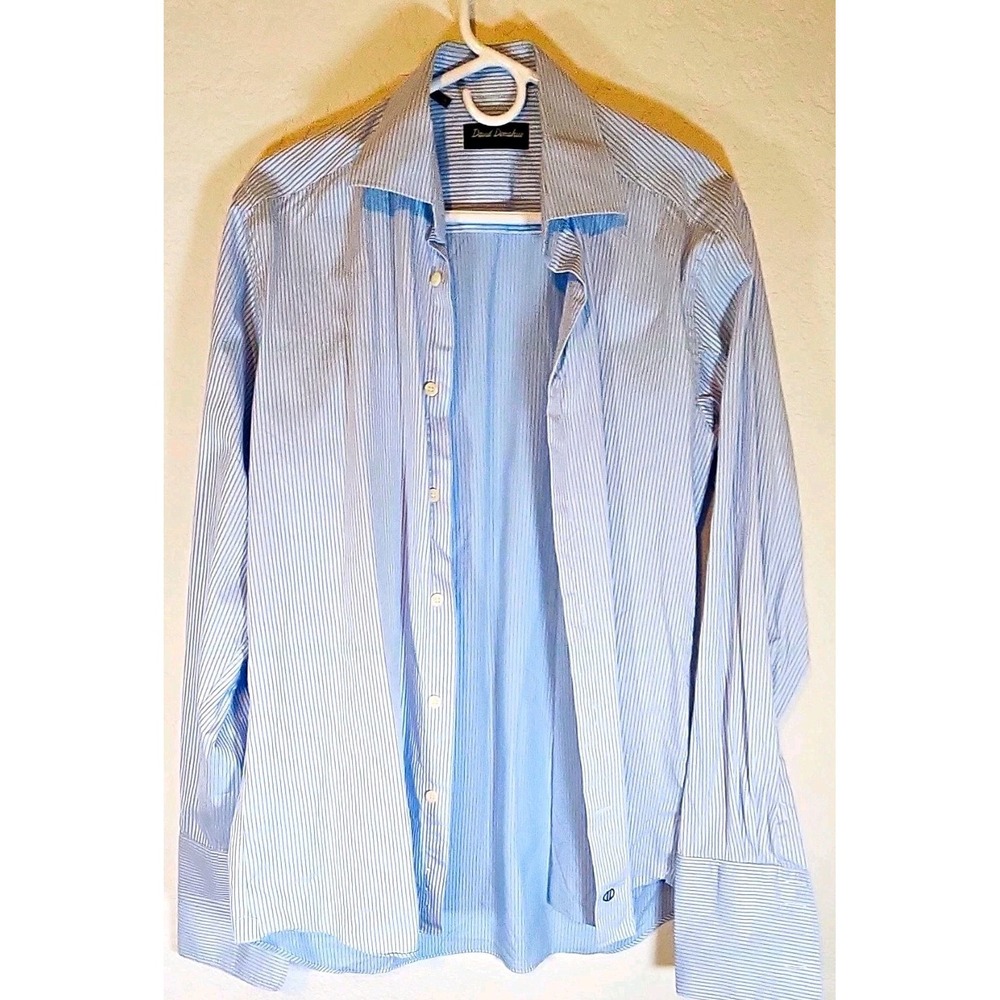 David Donahue Fine Stripe 100% Cotton Dress Shirt With French Cuff 15.5 34/35